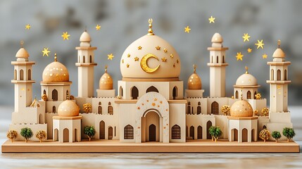 Miniature model of a mosque with golden crescent moon and stars.