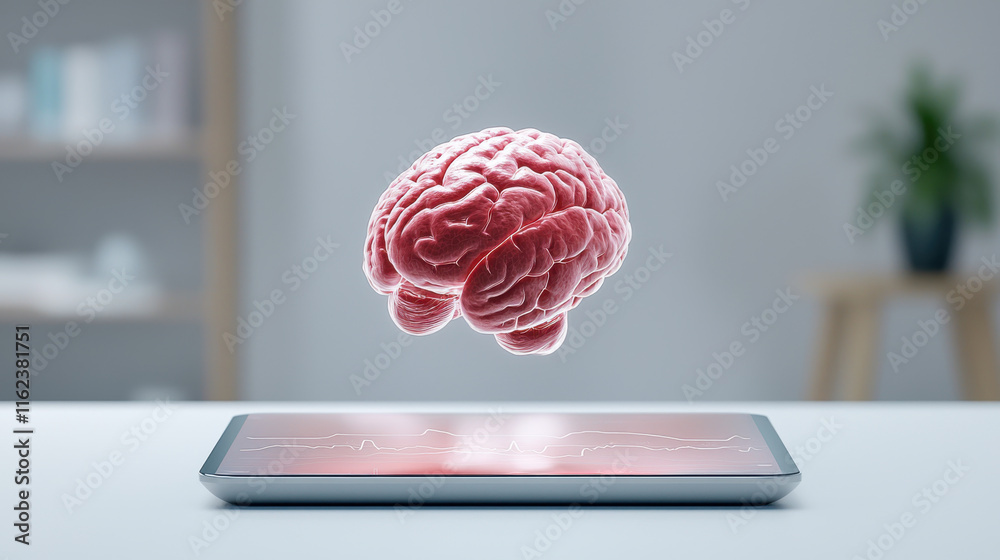 Poster digital brain model hovers above tablet displaying data, symbolizing integration of technology and n