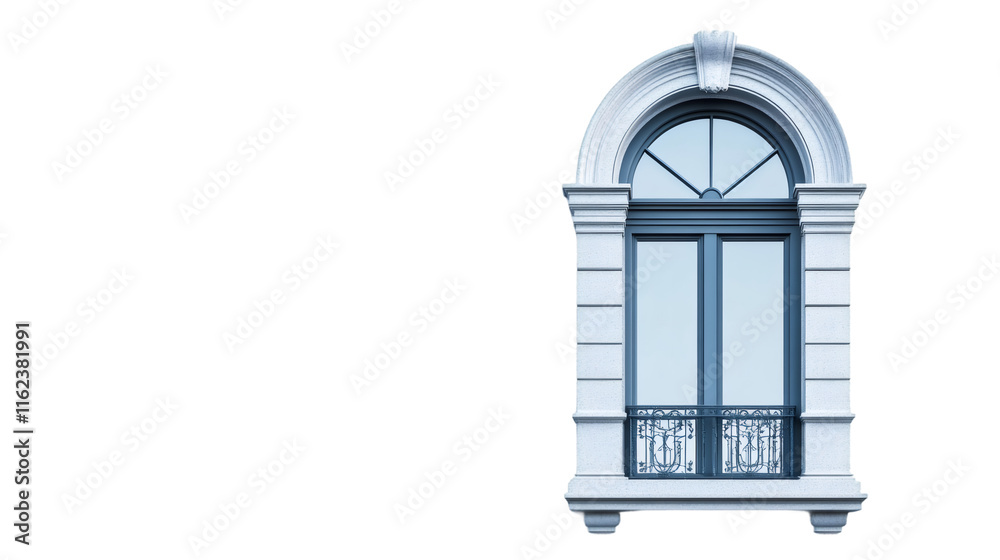 Poster classic european style window with decorative stone frame and small balcony, isolated on transparent