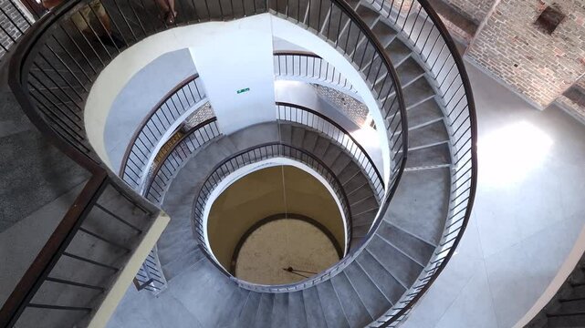 Frombork, Poland  06 29 2023: Stairs and Foucault's Pendulum in Copernicus museum. Frombork, Poland