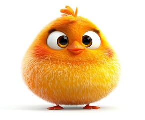 Adorable fluffy orange chick, cartoon style, 3D render, isolated on white background.