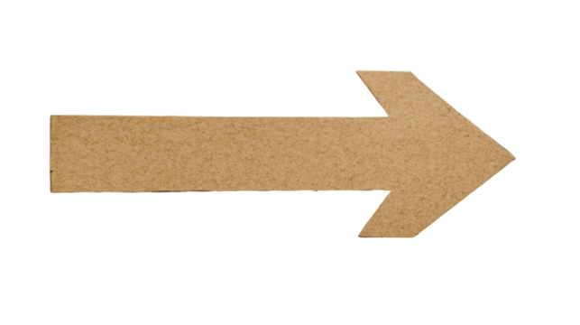 Cardboard right-pointing arrow against transparent backdrop, signaling direction and drawing visual attention to key content