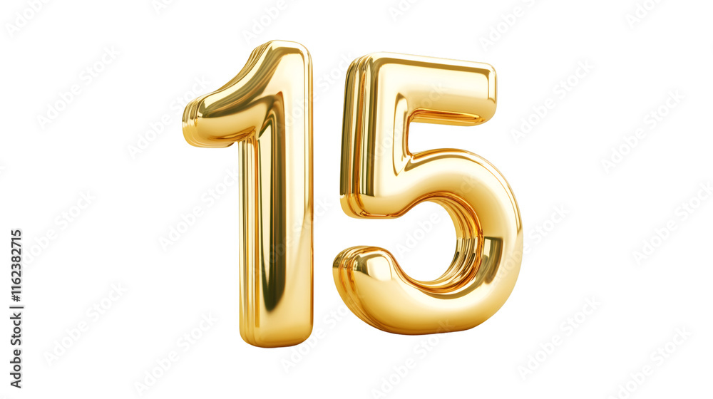 Poster number fifteen made of inflatable gold balloons is floating on a transparent background, ideal for f
