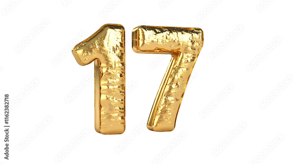 Poster Golden number 17 gleaming, crumpled surface casting distinctive shadows, symbolizing luxury on transparent backdrop