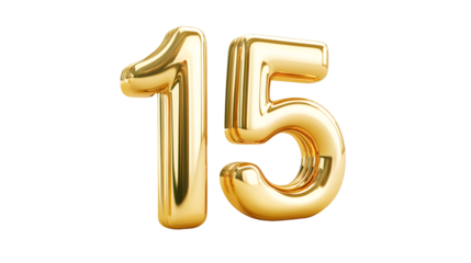 Number fifteen made of inflatable gold balloons is floating on a transparent background, ideal for fifteenth birthday or anniversary