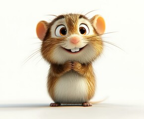 Obraz premium Adorable 3D rendered cartoon mouse with big eyes and a happy expression, sitting on a white background.