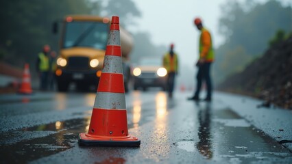 Construction workers managing road repairs on a rainy urban street in the evening fog