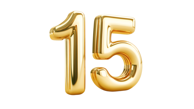 Number fifteen made of inflatable gold balloons is floating on a transparent background, ideal for fifteenth birthday or anniversary