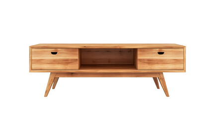 Modern wooden TV stand featuring sleek design, two storage drawers, open shelving, minimalist aesthetic against transparent backdrop