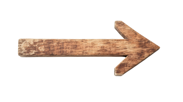 Old wooden arrow pointing to the right isolated on transparent background, ideal for indicating direction