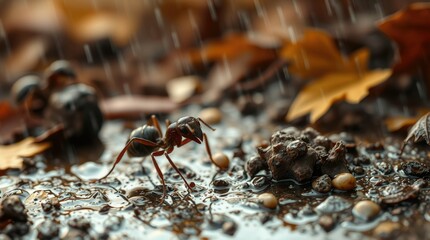 An earthy and comfortable aesthetic, reflective surfaces, damp textures, and gentle light are used to show an ant that is facing loss or danger in its colony in a warm autumnal scene with dripping rai