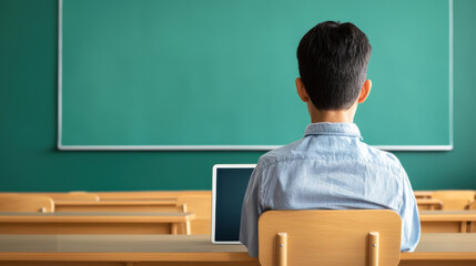 student in high tech classroom sits at desk using tablet, facing green chalkboard. modern educational setting emphasizes technology integration in learning