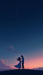 Fototapeta premium Silhouetted couple dancing under a starry night sky during a romantic sunset in a serene landscape