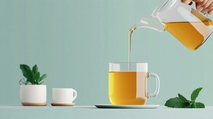 Pouring Herbal Tea with Minimalist Decor and Indoor Plants, selective focus