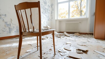 A vacant room with a single chair amidst debris and peeling walls.