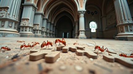 Accurate architectural color photos of ants completing a challenge with broad angle, intricate structures, sharp lines, and endearing ant characteristics