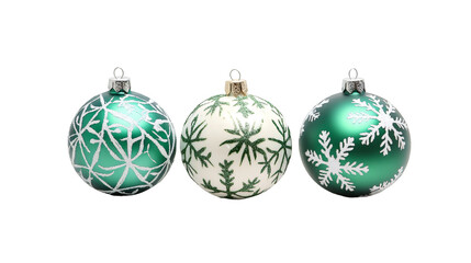 Obraz premium Christmas ornaments hanging in green and white, glimmering against transparent backdrop, festive seasonal decor elements