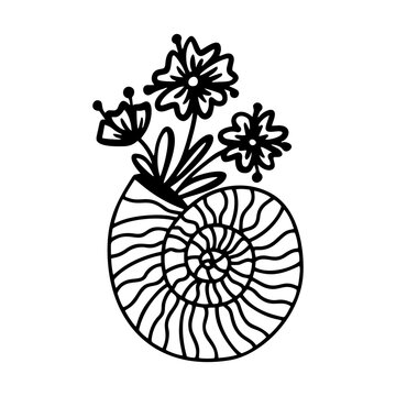 Stylish black silhouette of a flower-filled shell in vector format, great for oceanic themes and decorative art