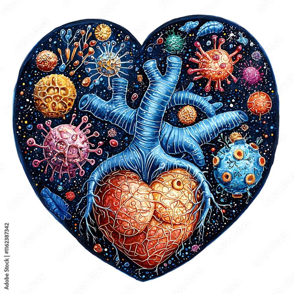 Canvas Prints Heart-Shaped Artistic Representation of Viruses and Cells, a Colorful Microscopic Illustration.