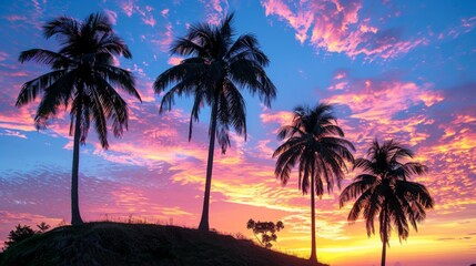Silhouetted Palm Trees on a Hill at Vibrant Sunset