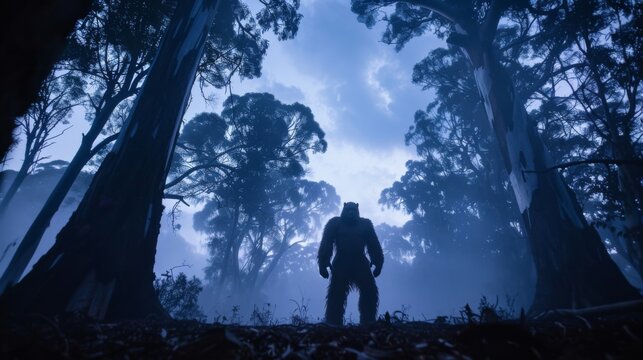 Mysterious Sasquatch in Foggy Forest Underneath Tall Trees at Dusk