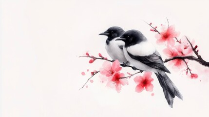Two magpies perched on a blossoming cherry branch, a serene watercolor painting.