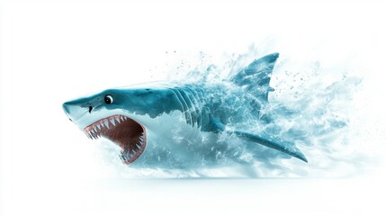 Naklejka premium Aggressive Great White Shark Attacking in Open Water Cartoon Style High Fidelity Dynamic Environment