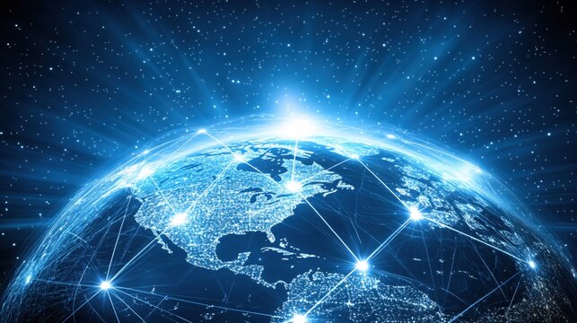 Vibrant Digital Connection Over Planet Earth with Stars and Light Rays in Background