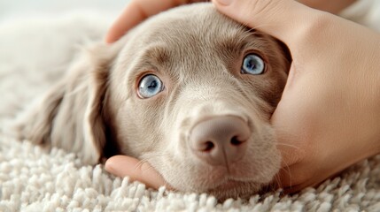 Gentle Petting of a Weimaraner Dog Indoor Setting High Fidelity Image Close-Up View Loving Interaction