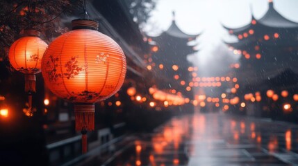 Fototapeta premium Red Lanterns Glow in Rainy Asian Street; Serene Night
