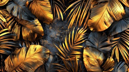 Vibrant golden tropical leaves on a dark background.