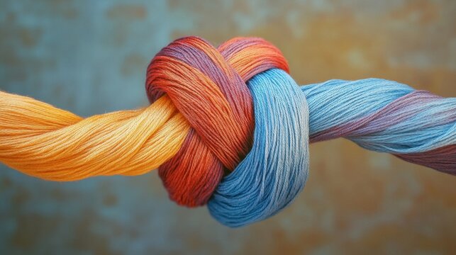 6.A graceful knot formed by two threads of complementary colors, smoothly winding and merging into a pointed arrow shape that reaches upward; the threadsâ€™ fibers are clearly visible, showcasing both