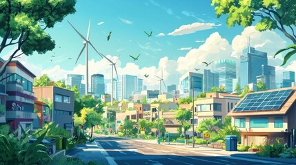 Naklejka premium Eco Friendly Cityscape Featuring Green Buildings and Wind Turbines