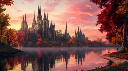 Naklejka premium A magical floating castle with spires rising above a serene reflecting lake surrounded by colorful autumn trees.