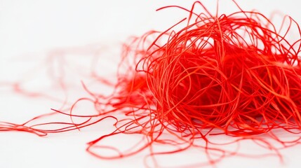 21.Close-up of a bright red thread in a chaotic tangle against a clean white background, with the loose ends sprawling in various directions, capturing a sense of disorder and complexity.
