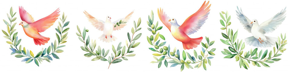 Fototapeta premium Easter religious clipart. Colorful doves flying among leafy branches on a black background.