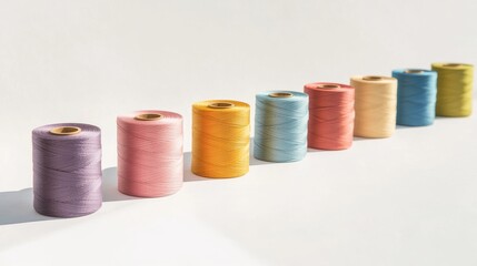 36.A series of colorful sewing thread spools, isolated on a pristine white background, each wrapped in smooth, industrial-quality yarns, ranging from pastel shades to deep tones, perfect for textile