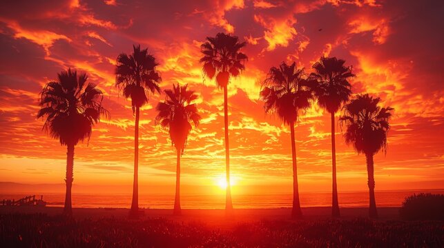 Silhouetted palm trees at twilight beneath a stunning vibrant orange and red sunset sky over a serene ocean horizon