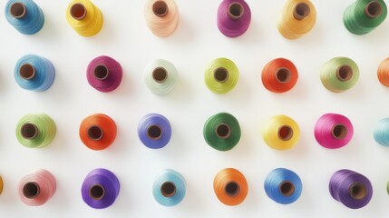 Fototapeta premium 44.Top view of an assortment of sewing thread spools in a vibrant range of colors, spread evenly across a white background, each spool forming a striking visual with its bright, saturated hues.