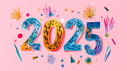 watercolor drawn illustration golden numbers shaped "2025" on a pastel pink solid color background, fireworks festive new year