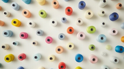 Fototapeta premium 47.High-angle shot of multicolored thread spools spread across a white backdrop, each color standing out vividly against the neutral background, showcasing the diversity of thread options.