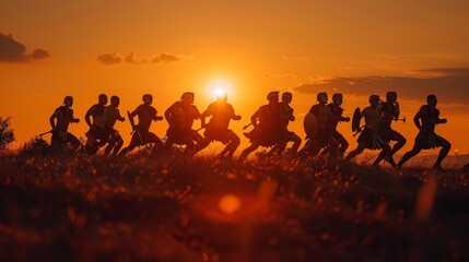 Silhouetted ancient warriors charging at sunset with vibrant skies and dramatic natural landscapes in the background