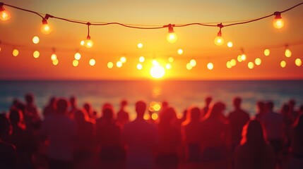 Dreamy sunset beach scene with silhouettes of people, golden hour lighting, and bokeh effect, creating an ethereal glow and beach party atmosphere.