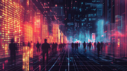 Fototapeta premium Digital city with people walking through glowing data streams.