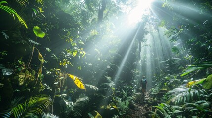 Sunlight streaming through lush tropical forest with a hiker exploring the vibrant greenery on a jungle path