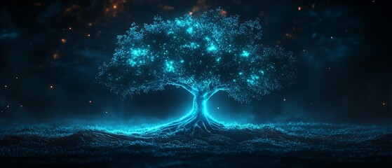 Obraz premium Glowing blue tree at night in mystical landscape.