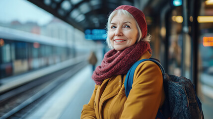 Happy middle-aged grey-haired woman with backpack waiting at the train station