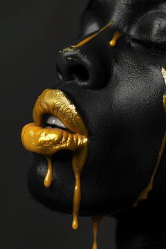 Fashion photography featuring vantablack and dripping gold with surreal minimalism and an ethereal dreamy atmosphere