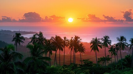 Obraz premium Golden sunset over tropical coastline with silhouetted palm trees and vibrant ocean colors