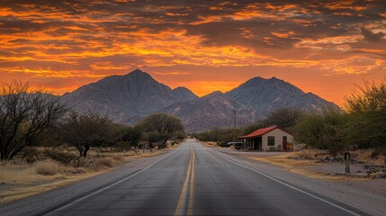 Scenic road leading to mountains at sunset.